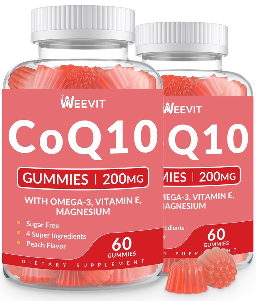 Sugar Free CoQ10 Gummies 200 MG, Koenzim Q10 (Ubiquinone) Gummies for Dewasa, Co Q10 Suplemen dengan Omega- 3, Magnesium, Energi, Dukungan Otak