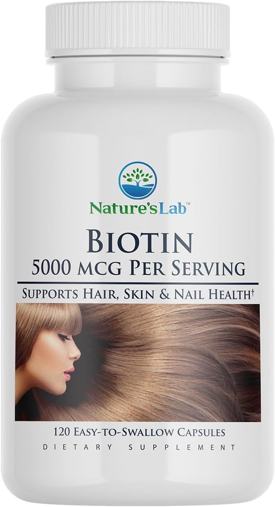 Nature 's Lab Biotin 5000 mcg - Promotes Healthy Hair, Skin & Nails - 120 Capsules (4 Pasokan Bulan)