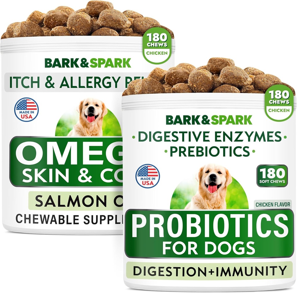 Progities Dog Chews + Omega 3 for Dogs Bundle - Gas, Diare, Constipation, Upset Stomach Relief + Allergy and Itch Relief - Digetical Enzymes + Prestiles + Omega 3 - Skin and Coat Support