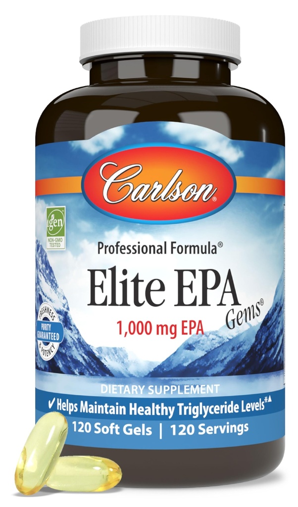 Carlson - Elite EPA Gems, 1000 mg EPA Fish Oil, Wild- Caught, Norwegia Fish Oil, Sustably Sourinably, Membantu mempertahankan Triglyceride Levels sehat, 120 Softgeels
