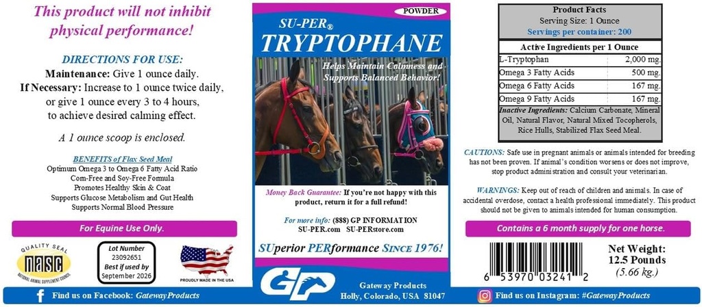 SU-PER Tryptophane Horse Calming Supplement - Mempertahankan Keselamatan dan Pendukung Kebajikan - 125 Pounds, 6 Bulan Suppply