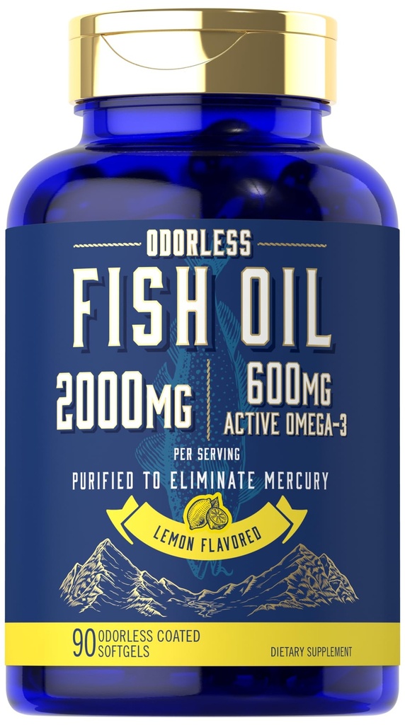 Carlyle Fish Oil 2000mg 124; 600mg Omega 3 Suplemen untuk Pria & Perempuan: 124; 90 Softgels Odorless 124; Lemon Flavarored 124; Non-GMO dan Gluten Bebas