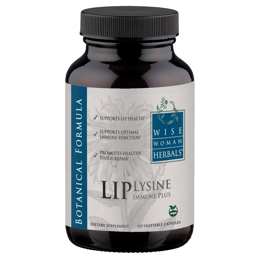 Wise Woman Herbals Lysine Immune Plus Lip, Additive- Free Non-GMO Formula, High- Potency L-Lysine & Imunity Blend, Dukungan Kesehatan Lip & Skin, Pertahanan Imune Alam, 120 Veg Caps