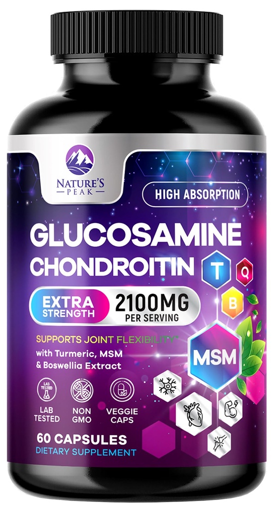 Glucosamin Chondroitin MSM Joint Suplemen 2100mg - dengan Glucosamine Sulfate, Turmeriic, Boswellia, Quercetin & Bromelain - Nature 's Ekstra Fleksibilitas, Mobilitas & Gabungan Dukungan, 60 Capsules
