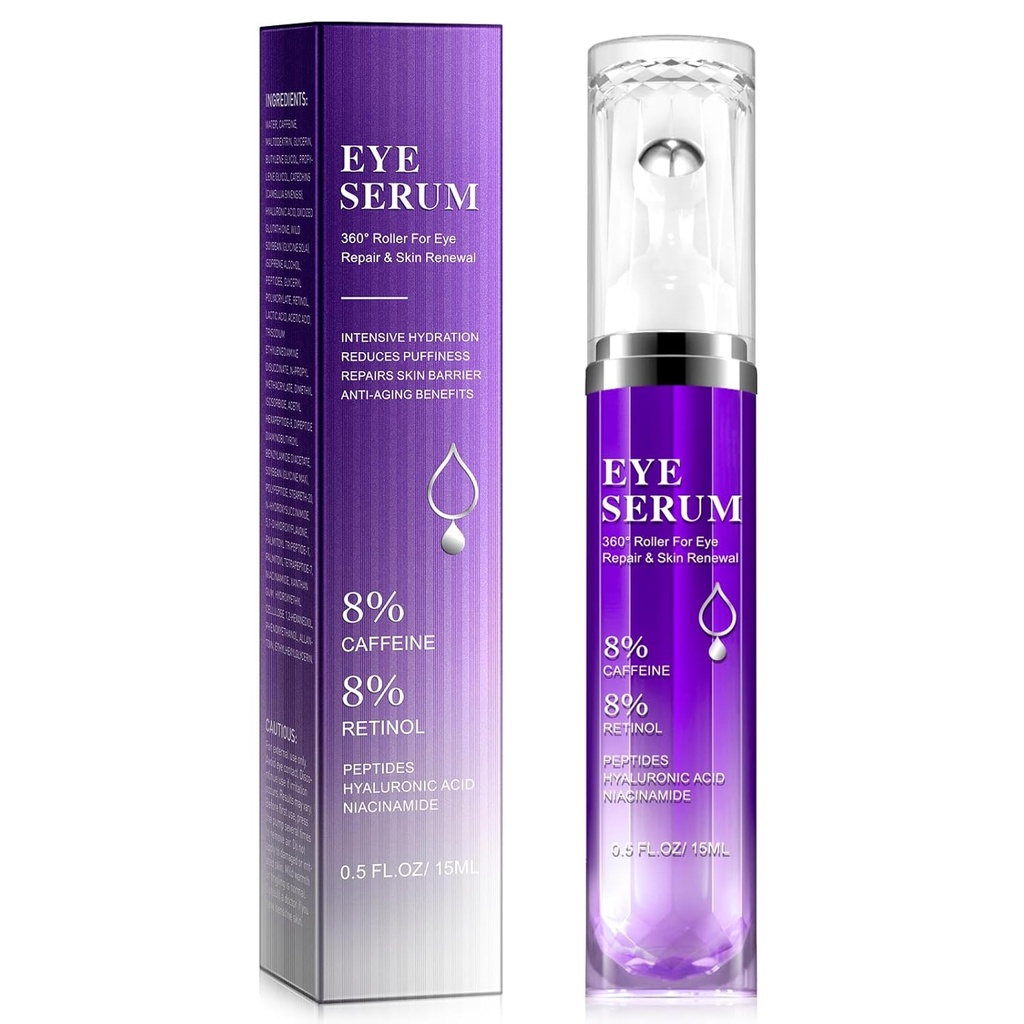Under Eye Roller Serum - 8% Caffeine & 8% Retinol Eye Cream for Dark Circles, Puffiniss and Bags, Puffy Bags Fine Lines, 360 ° Massage Ball Cream, Hyaluronic Serum untuk Pria & Women