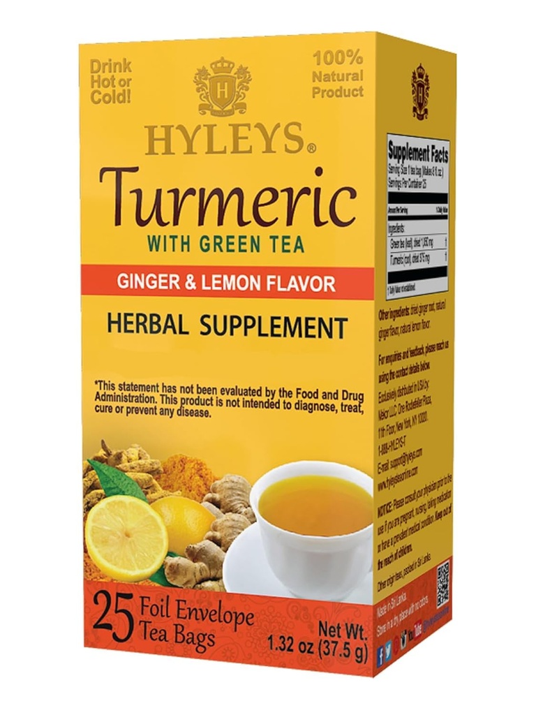 Hyleys Ginger Turmeric Tea Lemon Flavor - 25 Tea Bags (12 Paket - 300 Tea Bags Total) - Wellness Herbal Supplemen Green Tea