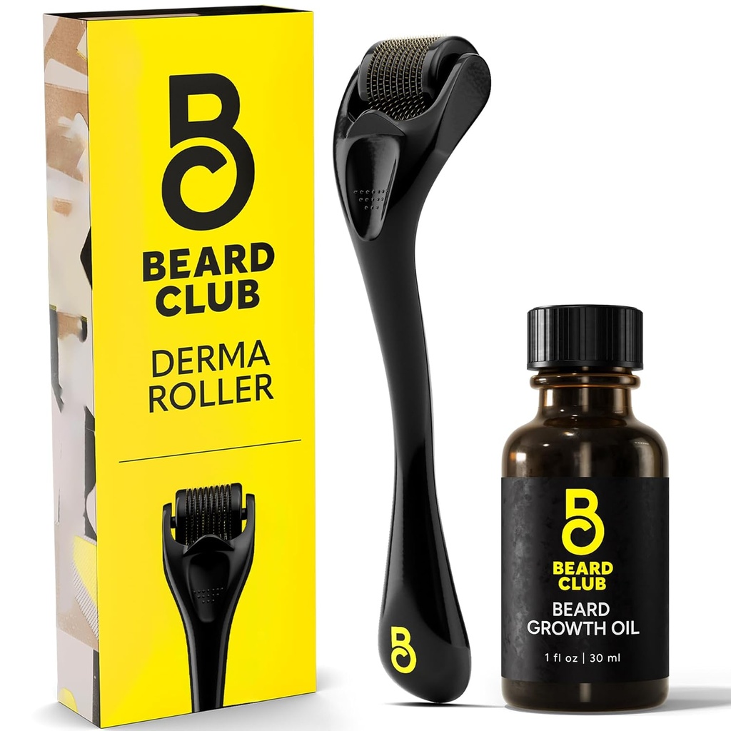 The Beard Club Derma Roller & Beard Growth Oil for Face, Body and Scalp Micronedling Roller for Men and Women with 540 Titanium Microneedles - Beard Roller for Hair & Beard