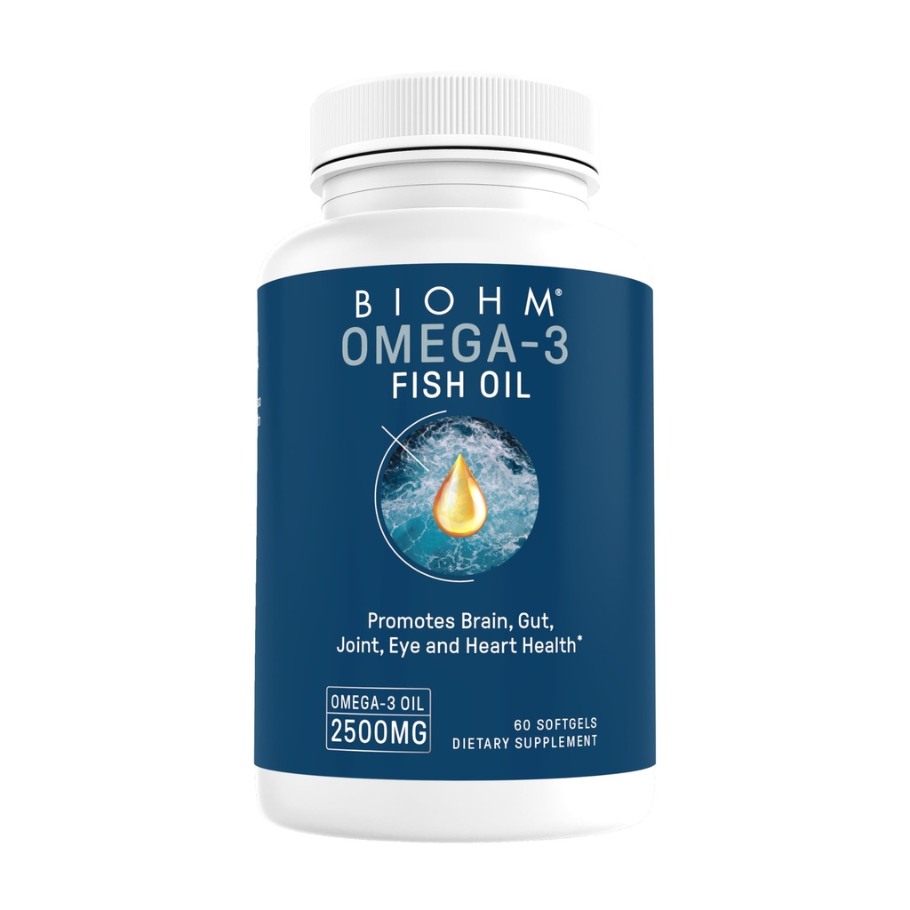 BIOHM Omega-3 Fish Oil (2500mg, 60 Softgels) High Potency 860mg EPA & 630mg DHA, Omega 3 Acid Fatty Suplemen untuk Mendukung Otak, Gabungan, Mata, Hati & Hati & Kesehatan, Bersumber