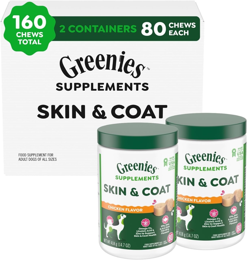 Suplemen Greenies Anjing Skin dan Coat Suplemen dengan Minyak Ikan & Omega 3 Acids Gendut, Chicken Flavor, 80-Count Tub, Paket 2