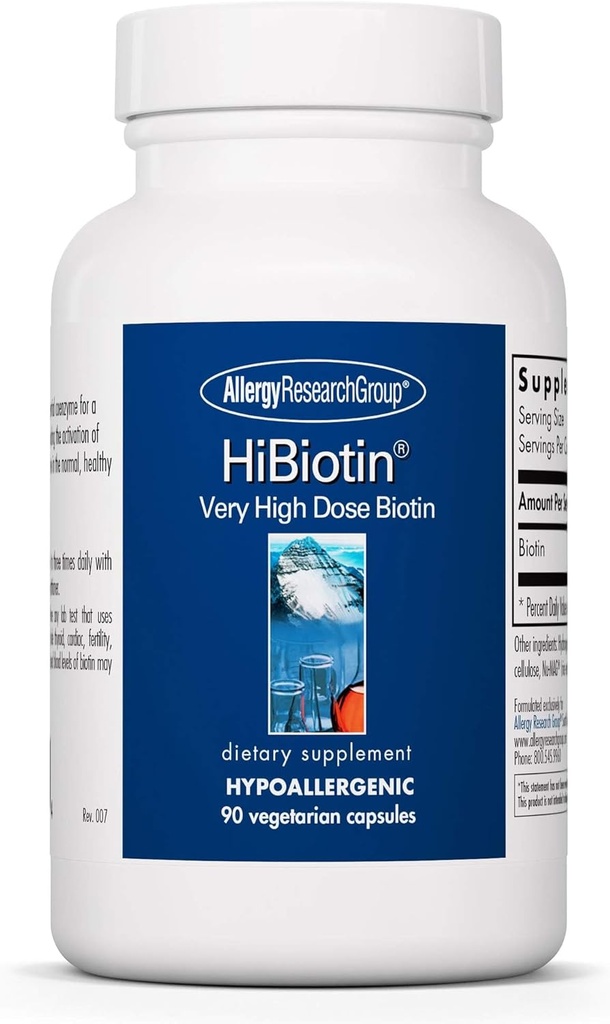 Alergy Research Group HiBiotin Suplement - Extra Strength Biotin Pills, Vegetarian Capsules, Hypoallergenic, Gluten Free - 90 Count