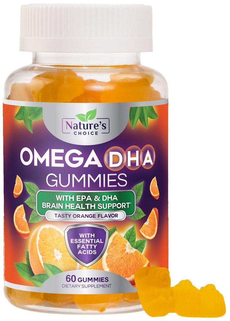 Omega 3 Oil Gummies - Triple Power Omega3 Gummy - DHA & EPA Fatty Acids for Heart Health, Gabungan & Brain, Nature 's High Absorpsi Omega Fish Oil Suplemen, Orange Flavor- 60 Gummies