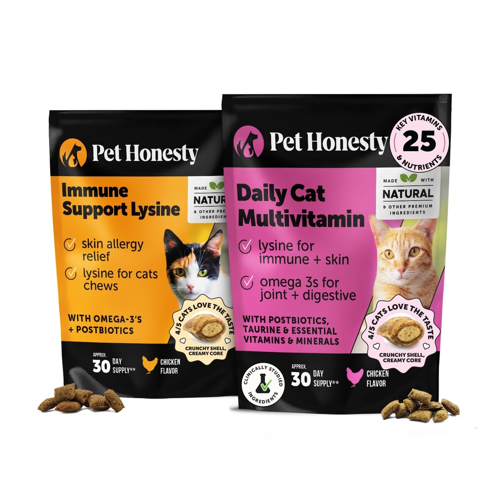 Cat Multivitamin + Imune Dukungan Lysine Dual Texture Chew Supplement Bundle - Support Overall Ammune Health, Joints, Skin & Coat, and Cat Allergy Relief - Sneezing, Runny Nose