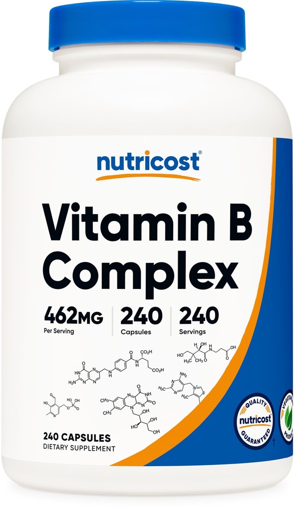Nutricost Vitamin B Kompleks 462mg, 240 Kapsul - dengan Vitamin C - Energi Kompleks