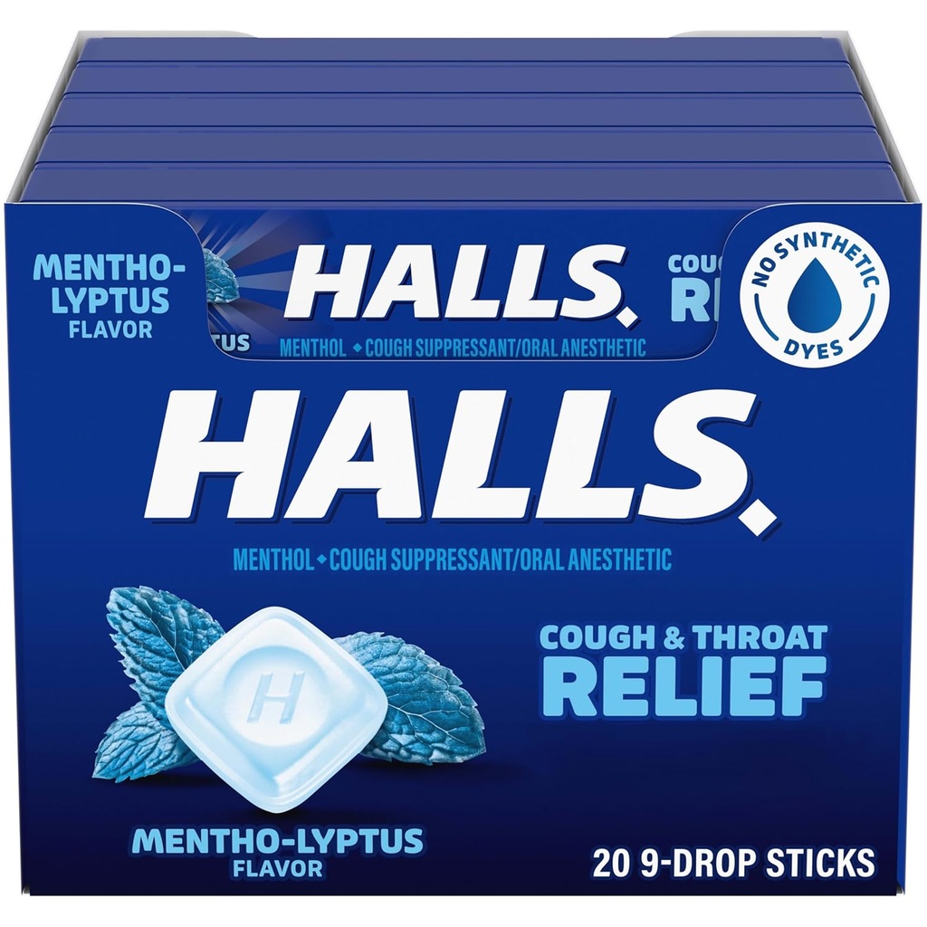 HalLS Cough and Throat Relief Menthof-Lolptus Cough Drops, 20 Sticks of 9 (180 Total Drops)