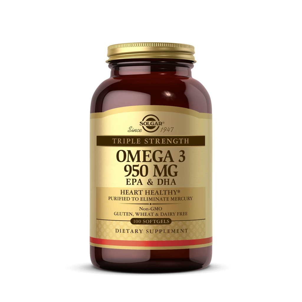 Solgar Triple Power Omega-3 950 mg, 100 Softgels - Sufforts Cardiovascular, Gabungan & Skin Kesehatan - Suplemen Kesehatan Jantung - Esculty Acids - Non GMO, Gluten Free, Dairy Free - 100 Count