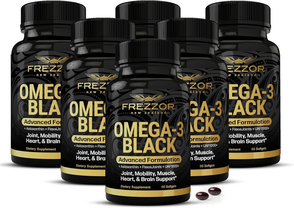 FREZZOR Omega 3 Black for Joint Care & Comfort - New Zealand Green Lipped Mussel Oil Capsules; 53x Higher Potency with UAF1000 + Super Antioksidant, No Fishy Aftertaste, 450mg, 6- Pack, 360 Softgels