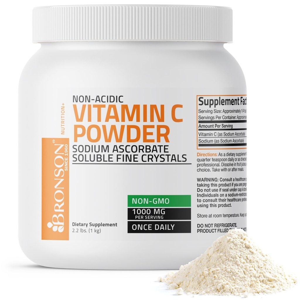 Bronson Non Acidic Vitamin C powder Sodium Accorbate Non GMO Soluble Fine Crystale - Healthy Ammune System, Antioksidan Cell Protection, 1 Kilogram (2.2 Ibs, 35.3 Ounces)