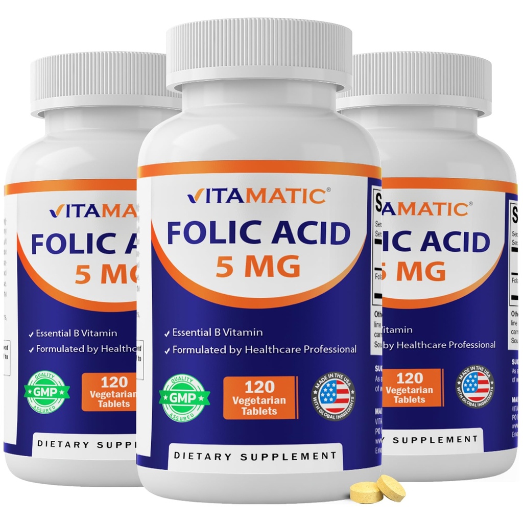 Vitamatic Folic Acid 5mg (5000 mcg) – 120 Vegetarian Tablets per Bottle – Vitamin B9 (Folate) – 3-Pack | Total 360 Tablets