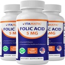 Nitamatic Folic Acid 5mg (5000 mcg) - 120 Vegetarian Tablet per Botol - Vitamin B9 (FOLD) - 3-Pack 124; Total 360 Tablet