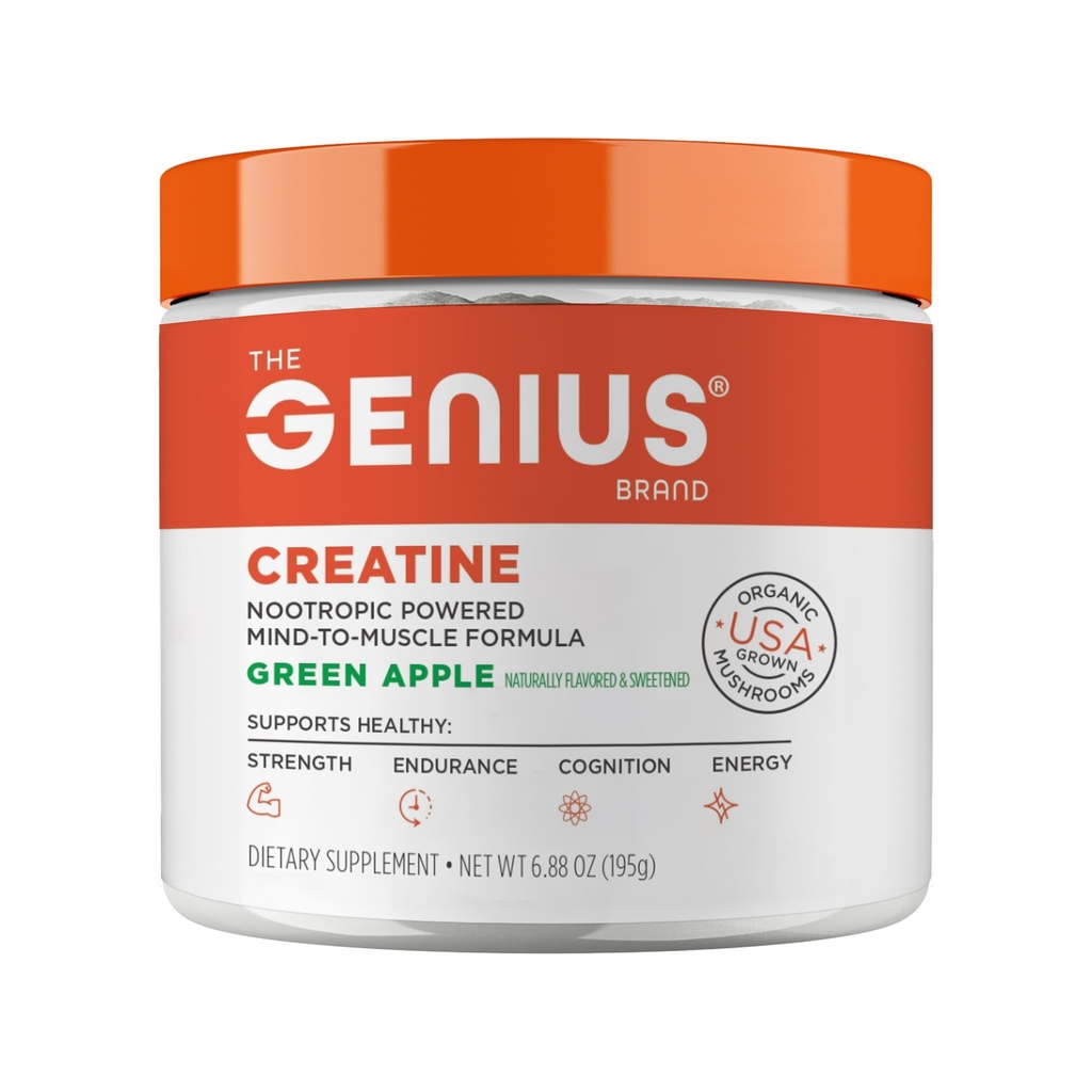 Genius Micronized Creatine Monohydrate Powder, Post Workout Suplemen, Green Apple - 100% Flavored & Sweetened - Supports Muscle Building, Cellular Energy & Cognitive Fungsi - 19gg