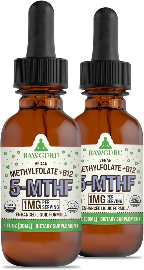 RawGuru Methylfolat 1mg + Vitamin B12 - Metode Vegan Organik B12 dengan Trace Minetal - Nano- Diproses & Enhanced Liquid Formula - 300 Servis Vegan Drops per 30 ml, Paket 2