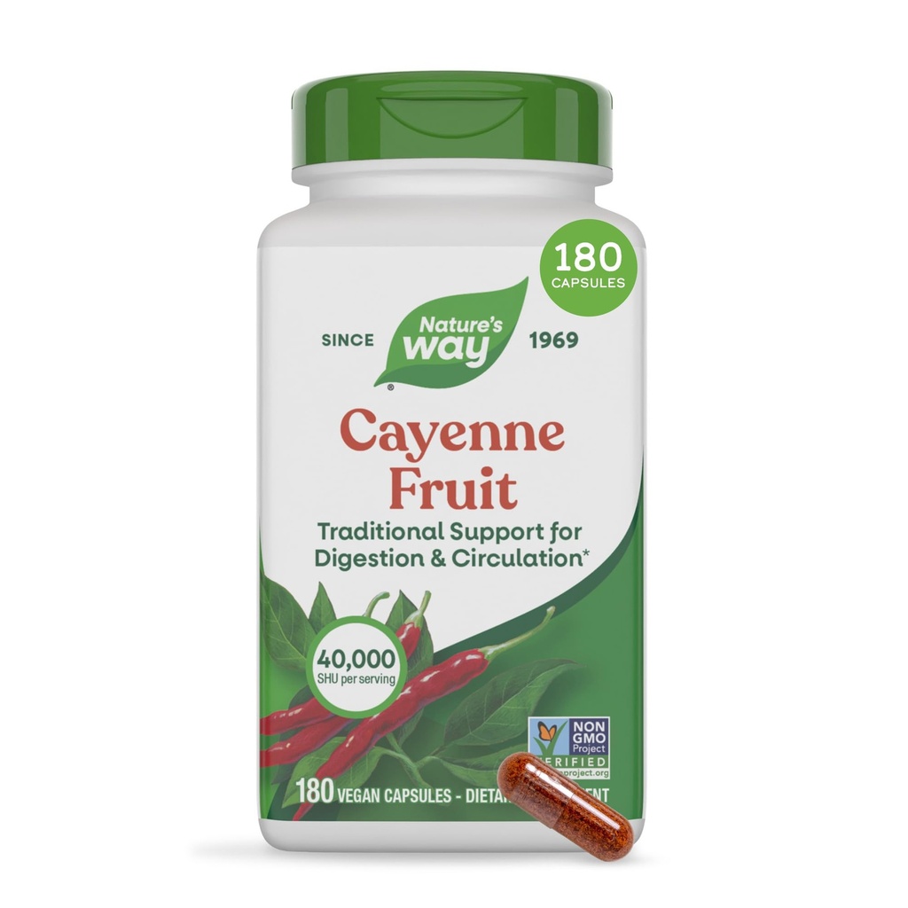 Nature 's Way Cayenne Pepper Capsules, Tradisional Diconsultion & Circulation Support *, Capsaicin, Non-GMO Project Verified, Gluten Free, 180 Vegan Capsules (Packaging May Vary)