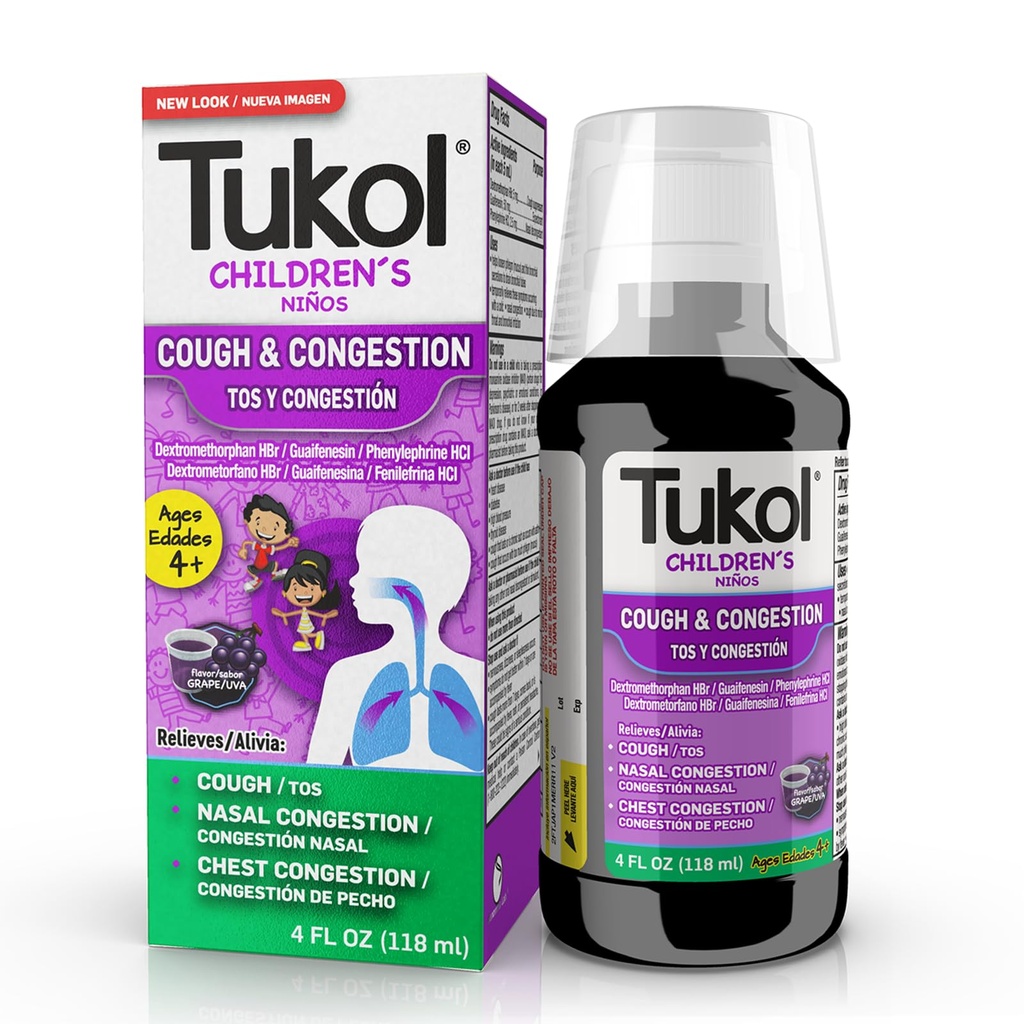 Pengobatan Batuk Anak-Anak TUKOL - Pengawetan Batuk & Kesamaan, Penanggupan Batuk Chestal untuk Anak-anak, Obat Dingin dan Batuk Anak-anak, Syrup Anak-anak untuk Ages 4 + Grape Flavor 4 FL OZ