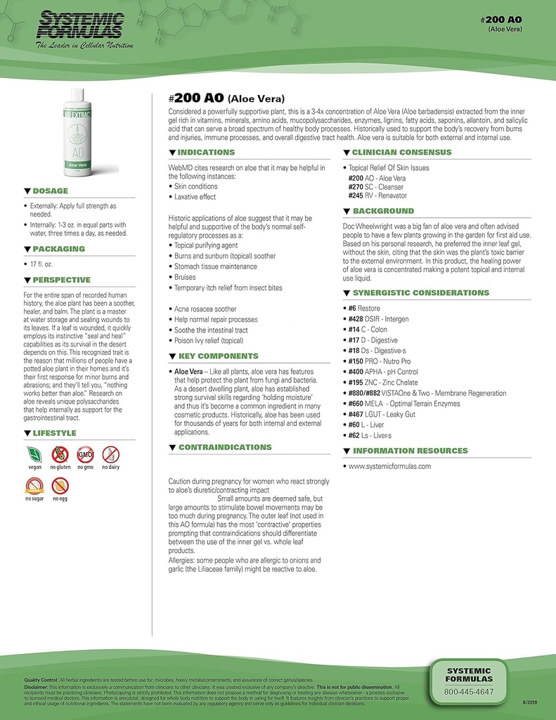 Systemic Formulas AO - Aloe Vera 16 Fl Oz BioExtract # 200. 3-4x konsentrasi dari Aloe Vera Extract dari Inner Gel Richmond.