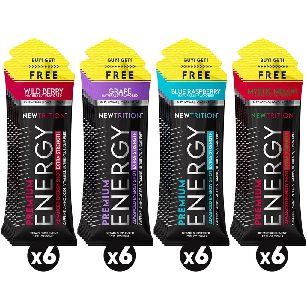 Newtrition £Ekstra Energy Shots 1.7 lf oz (Pack 24, 4 Flavors) - 250mg Caffeine dengan B Vitamin & Amino Acids, Sugar- Free Zero Calorie Vitamin Energy Drink for Focus & Endurance (Mixed-1)