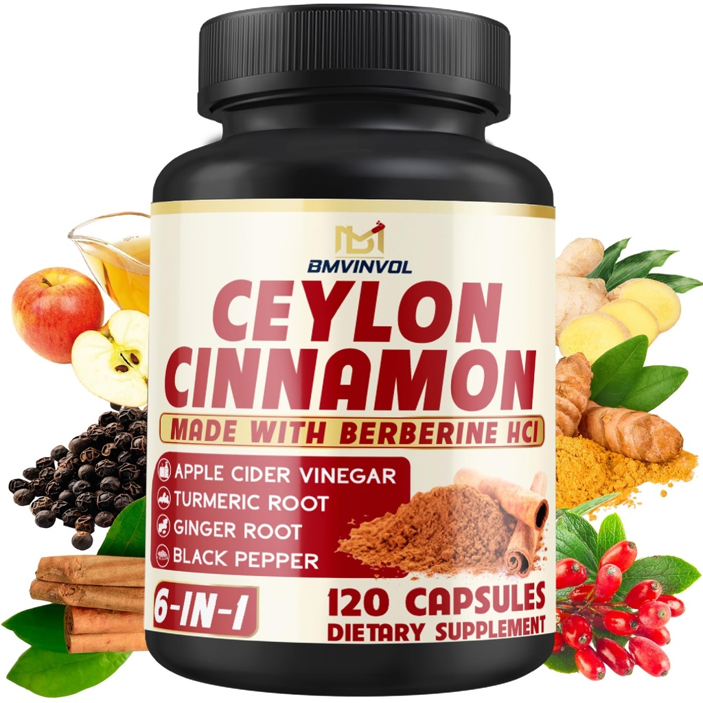 Ceylon Cinsules Capsules dengan Berberine HCI, Apple Cider Vinegar, Turmeric, Ginseng, Black Pepper - 6in1 untuk Dukung Fungsi Imune - 120 Count