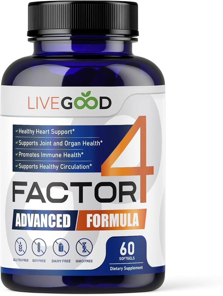 LiVEGOOD ™ Factor 4, Omega 3 Fish Oil with EPA & DHA, CoQ10, and Turmeric, Advanced Q10 Coenzim & CoQ10 Suplemen, DHA Suplemen untuk Jantung, Gabungan & Imune Dukungan, Dibuat di AS, 60 Count,