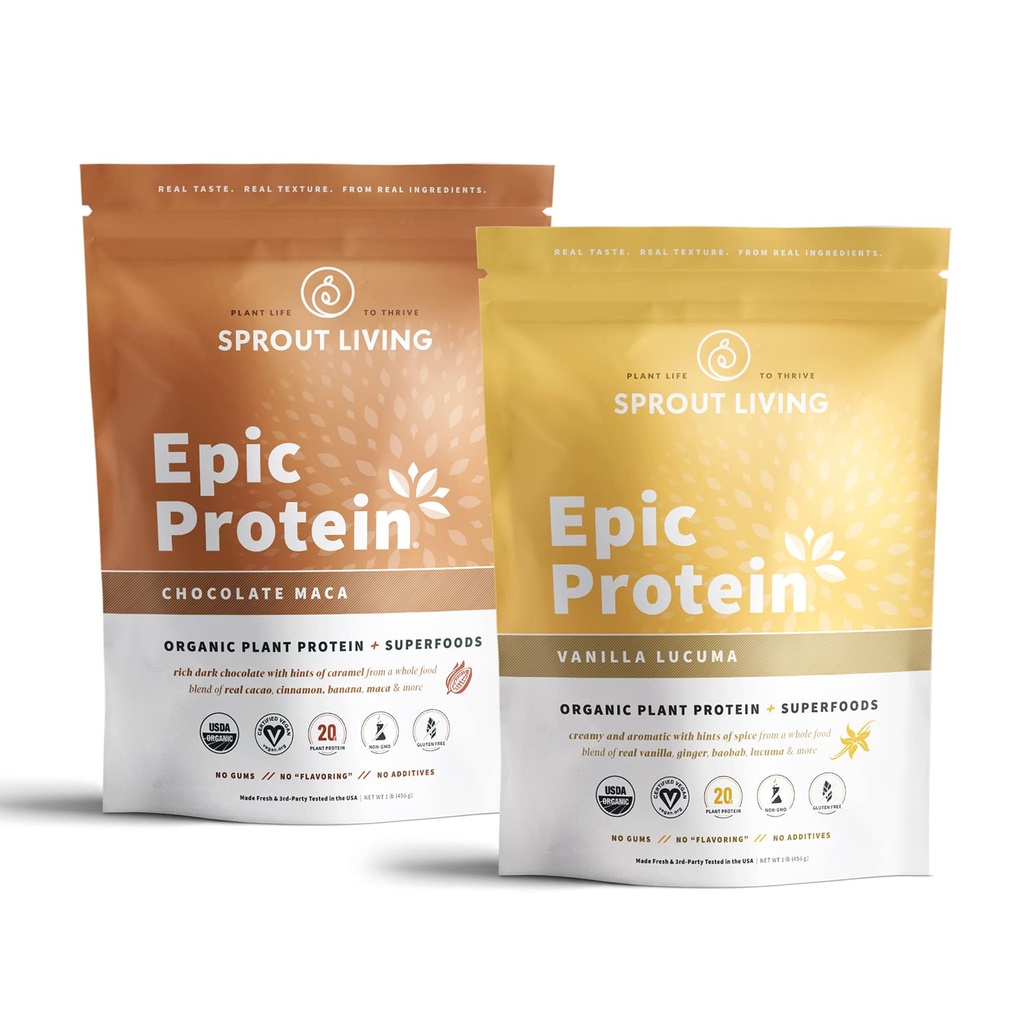 Sprout Living Epic Protein Bundle - Chocolate Maca & Vanilla Lucuma (20g Organic Plant-Based Protein Powder, Vegan, Gluten Free, Superfood) 14; 1lb, 12 Servis