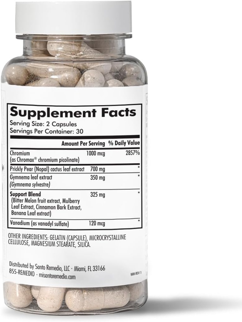 Formula Exclusive Santo Remedio dengan Nopal, Chromium Picolinate (Chromax), Gurmar (Gymnema Silvestre), dan Vanadyl Sulfate. 60 Capsules (30 Pelayan)