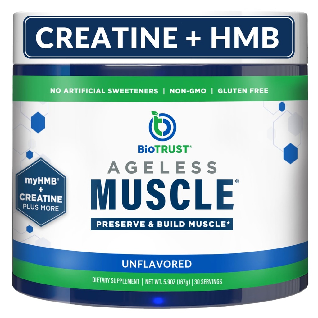 BioTrust Agneless Muscle Builder - Cretine HMB Powder with Vitamin D3 & Betaine - Build & Preserve Alaminst Deparing Muscle Mass & Power - Unflamited, 30 Servings