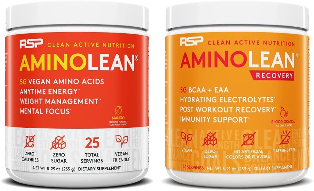 RSP NUTRITISI Vegan Aminolean Pre Workout Energy (Mango 25 Servings) dengan Perbaikan Aminolean Post Workout Boost (Blood Orange 30 Servings)