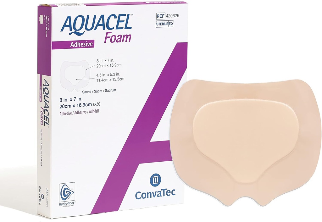 ConvaTec AQUACEL Foam 8 "x7" Sacral Wound Dressing dengan Silicone Gel Adhesive, Fleksible, Grade Medis dengan Hydrofiber Technology, Sterile, Rectangle, 5ct Box