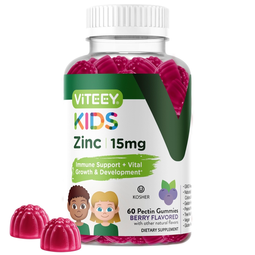 Viteey Zinc for Kids Gummies, 15mg - Imune Support - Powerful Natural Antioksidant, Anak-anak Zinc Vitamin Suplemen - Vegan, Gelatin Free, Gluten Free - Tasty Chewable Berry Flavor Gummy