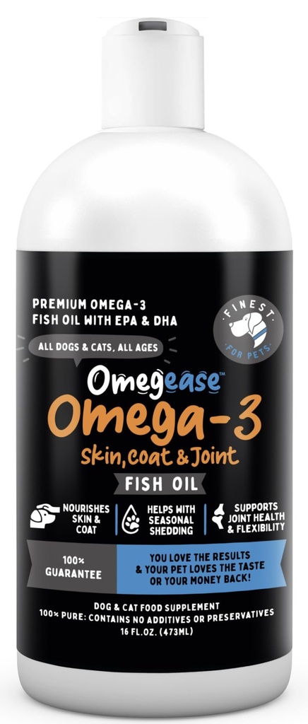 Omegease Fish Oil for Dogs & Cats - Finest for Pets Omega 3 for Cats & Dogs - Suplemen untuk Skin & Coat, Itching, Shedding, Joints & Immune Health - 100% Pure Omega Fish Oil with EPA & DHA (16 oz)