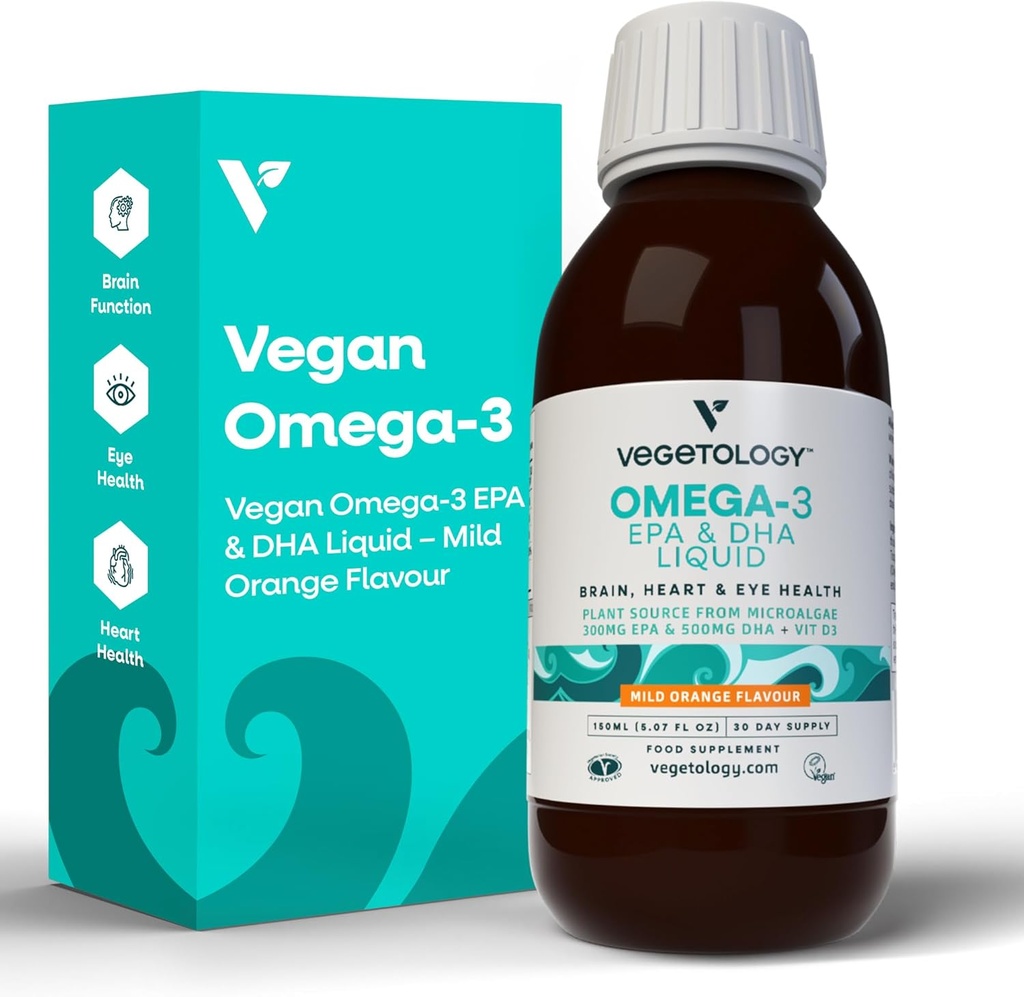 Cairan Vegan Omega 3, dari Mikroalgae, 800mg EPA DHA, dengan Vitamin D3, Supports Heart, Brain, dan Eye Health, Natural Fish Oil Alternative, UK Made, Mild Orange Flavried