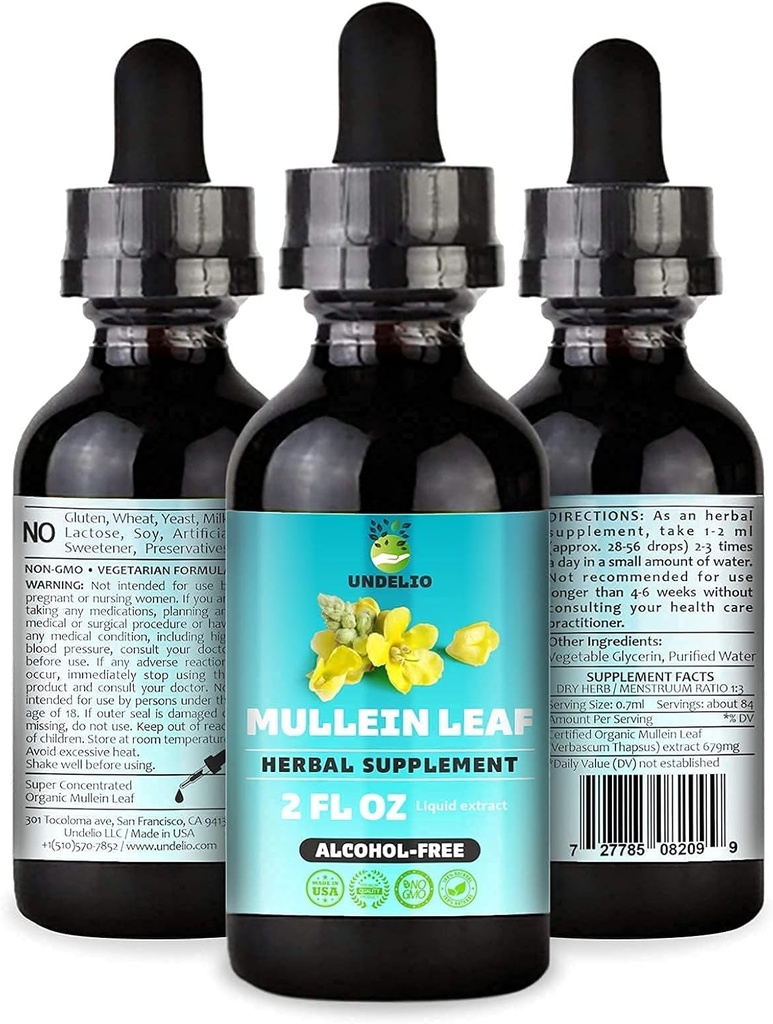 Ekstrak Herbal Mullein Leaf Undelio - Ekstrak Organik & Alcohol- Pengaruh Bebas untuk Respiratory, Lung, Dukungan Tidur & Digetical - Non-GMO, Vegan - 2 FL. Oz untuk Imune Kesehatan & Lung Detox