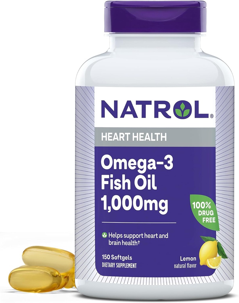 Natrol, Omega-3 Ikan Oil Softgels, Heart Health Dietary Suplemen, 1000 mg, 150 Count