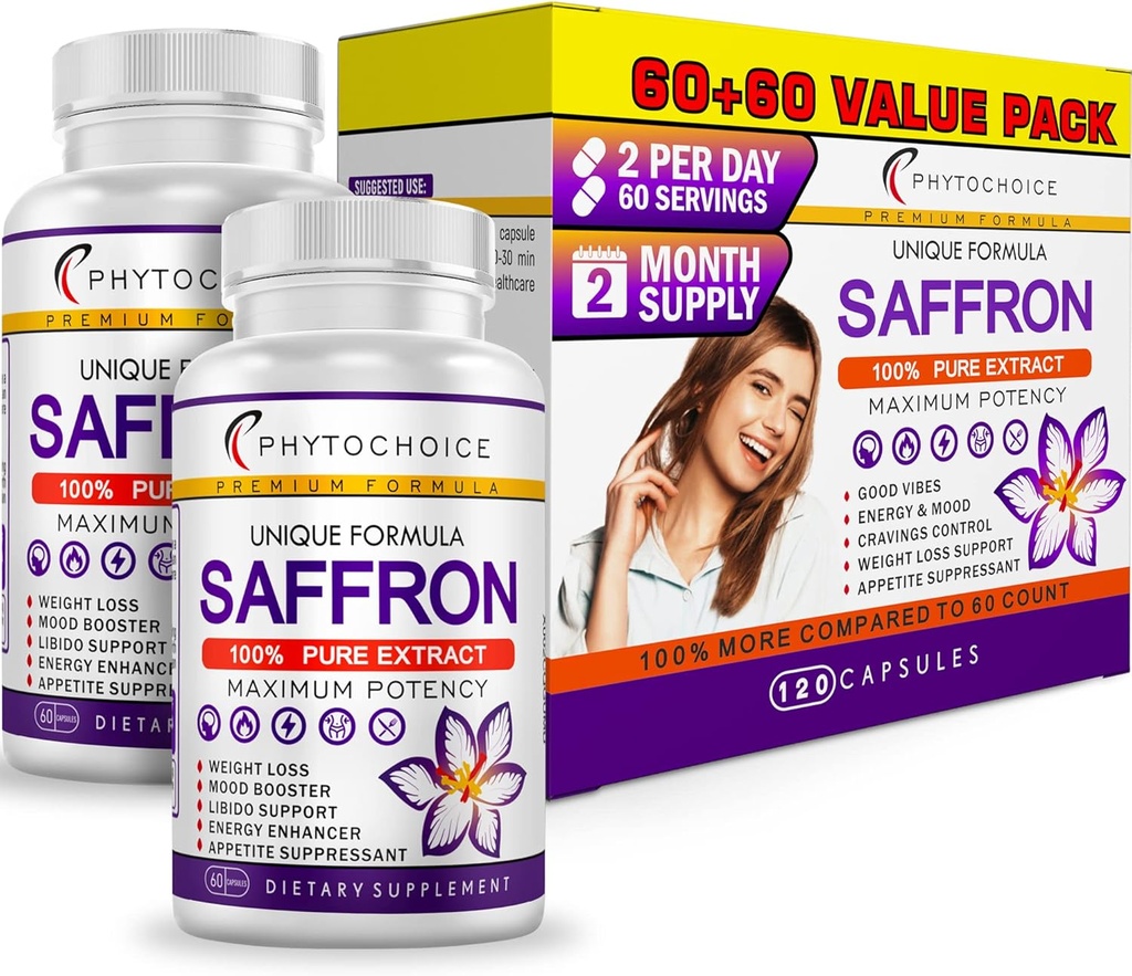 Suplemen Saffron - 100% Pure Saffron Extract Capsules - Boost Energy & Mood, Focus, Vision, Supports Eye, Retina, and Lens Health, Dukung Heart Health for Women - Made in USA - 120 Capsules