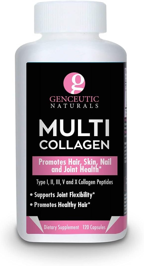 Katup Genceutic Multi Collagen Capsules Types I, II, III, V & X - 120 Veg Caps -for Healthy Hair Skin, Nails 1500mg Non- GMO, Pasture- Raised, cage Free and Cruelty Free Source