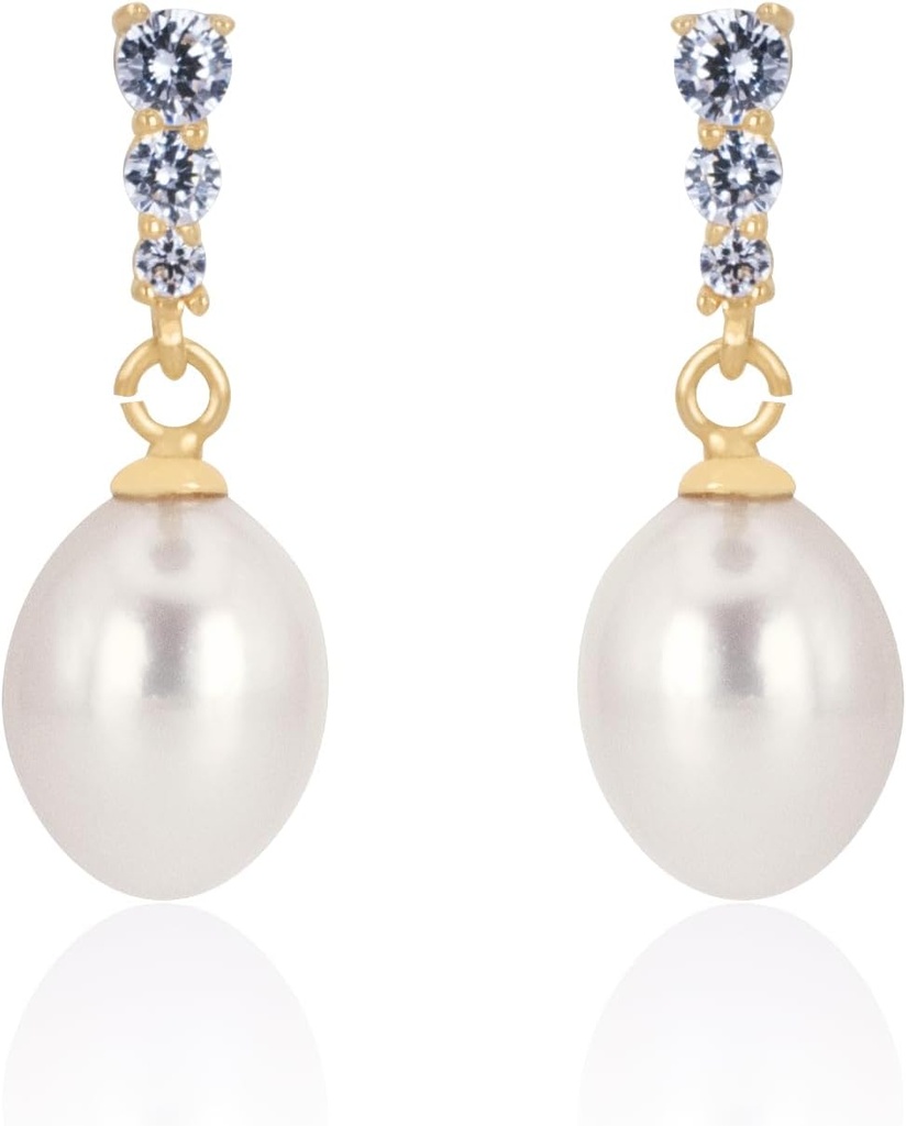 18K Gold Plated Sterling Silver Dangle White Drop Quality Freshwater Manian Earrings dengan Cubic Zirconia Pearl Bridal Earrings untuk Brides