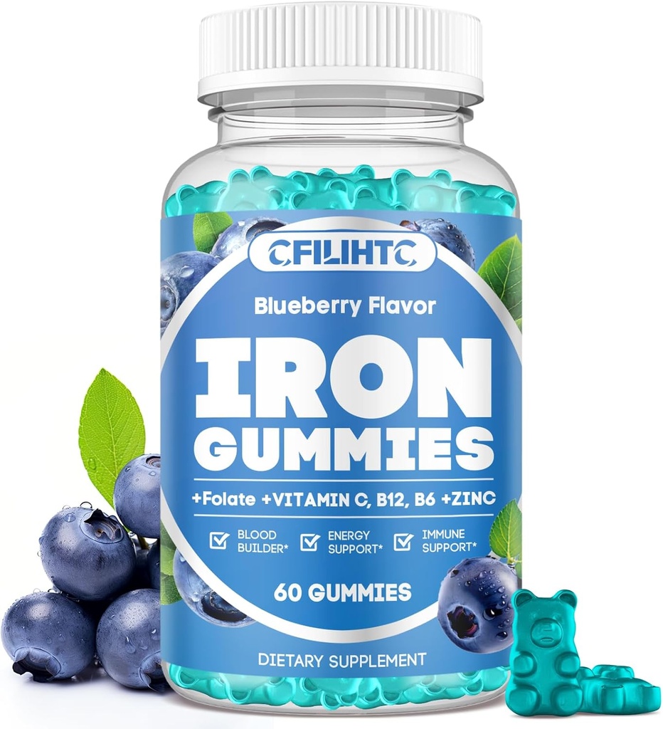 Iron Gummies for Women & Men - Iron Supplement with Vitamin B6, B12, C, Zinc, Folate for Dewata & Kid - Dukung Iron Deficiency, Anemia, Energy Boost, Blood Builder - Sugar Free Vegan 60ct Blueberry