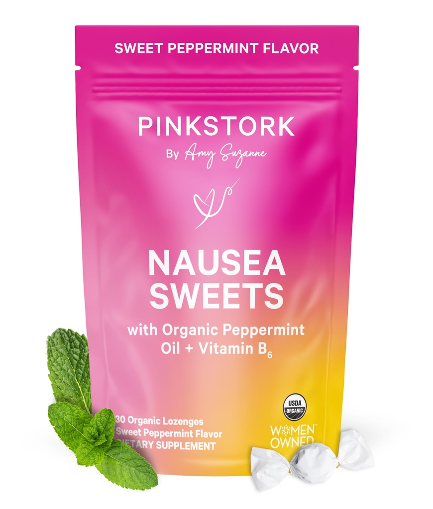 Pink Stork Organic Peppermint Sweets for Morning Sickness and Motion Sickness Suckness Duck, Added Vitamin B6, Primester Ke-1 Harus Haves - 30 Wrapped Peppermint Candies