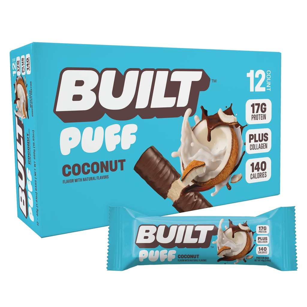 Bar Built, Puff Protein Bars, Coconut Puff, 17g Protein Snacks, OnTheGo Bars, Only 140 Calories, 6g Sugar, Collagen, Gluten Free, 12 Count