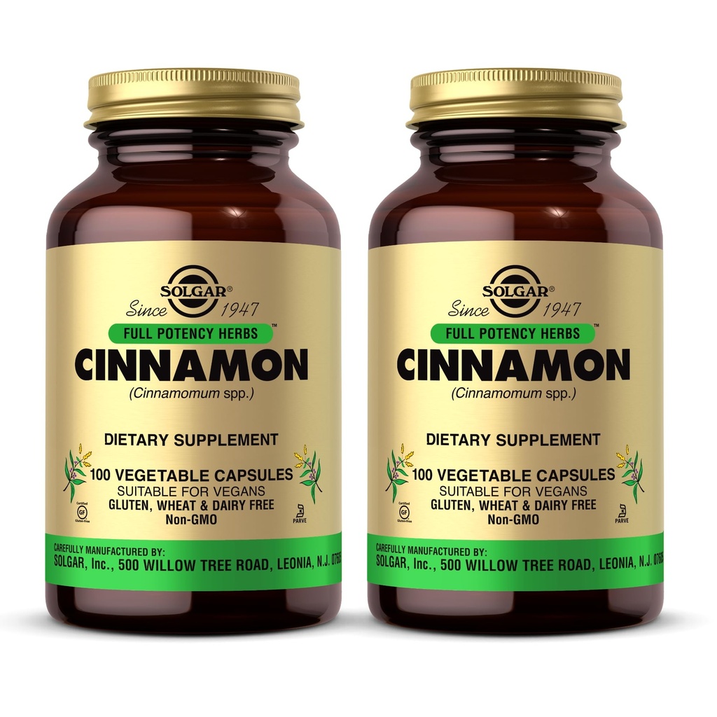 Solgar Cinnamon - 100 Vegetable Capsules, Pack of 2 - Full Potency (FP) - Non-GMO, Vegan, Gluten Free, Dairy Free, Kosher - 200 Total Servis