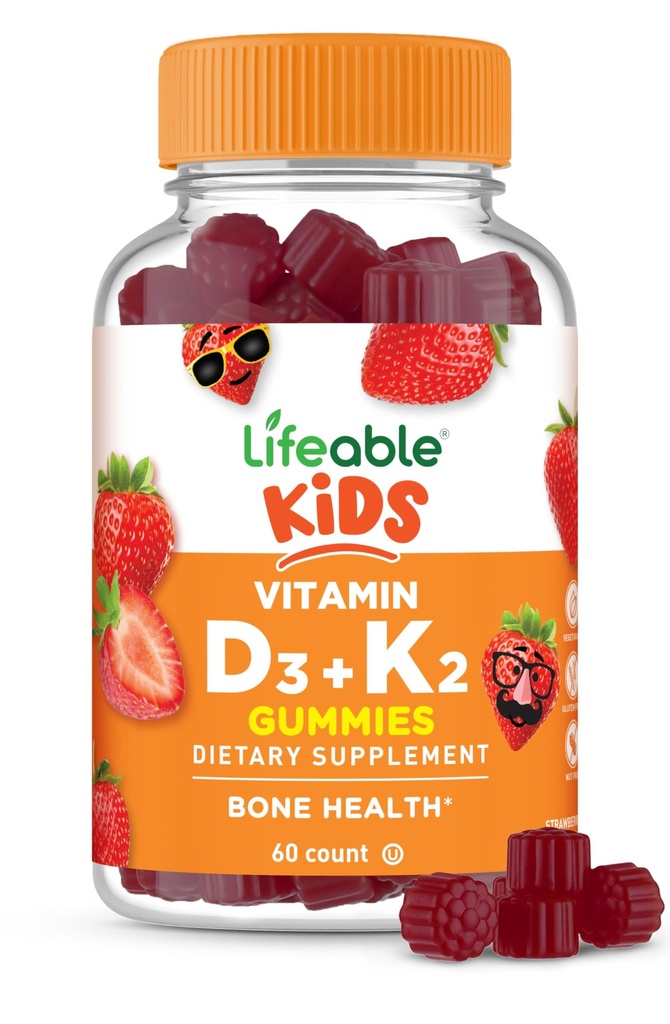 Lifeable Kids Vitamin D3 K2 Gummies 124; 1000iu D3 dan K2 100mcg 124; Tasting D3 dan K2 Suplemen 124; untuk Bone Health dan kekebalan 14; VIT D3 K2 untuk Anak-anak; 60 Gummies