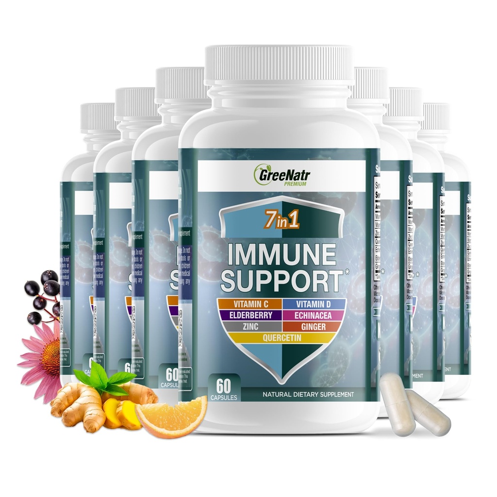 GreeNatr 7 dalam 1 Imune Suplemen Dukungan dengan Vitamin C, Vitamin D3, Zinc 50mg, Quercetin, Echinacea Purpurea, Sambucus Elderberry dan Ginger untuk Lengkap Pertahanan Ammune - 60 Capsules (12 Botol)